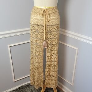 BLUE ISLAND Tan Crochet Lace Stretch Beach Pool Boho Cover Up Tie Waist‎ Pants M